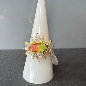 Elegant Lab Created Watermelon Ombré Crystal Topaz on a dipped Yellow Gold Ring